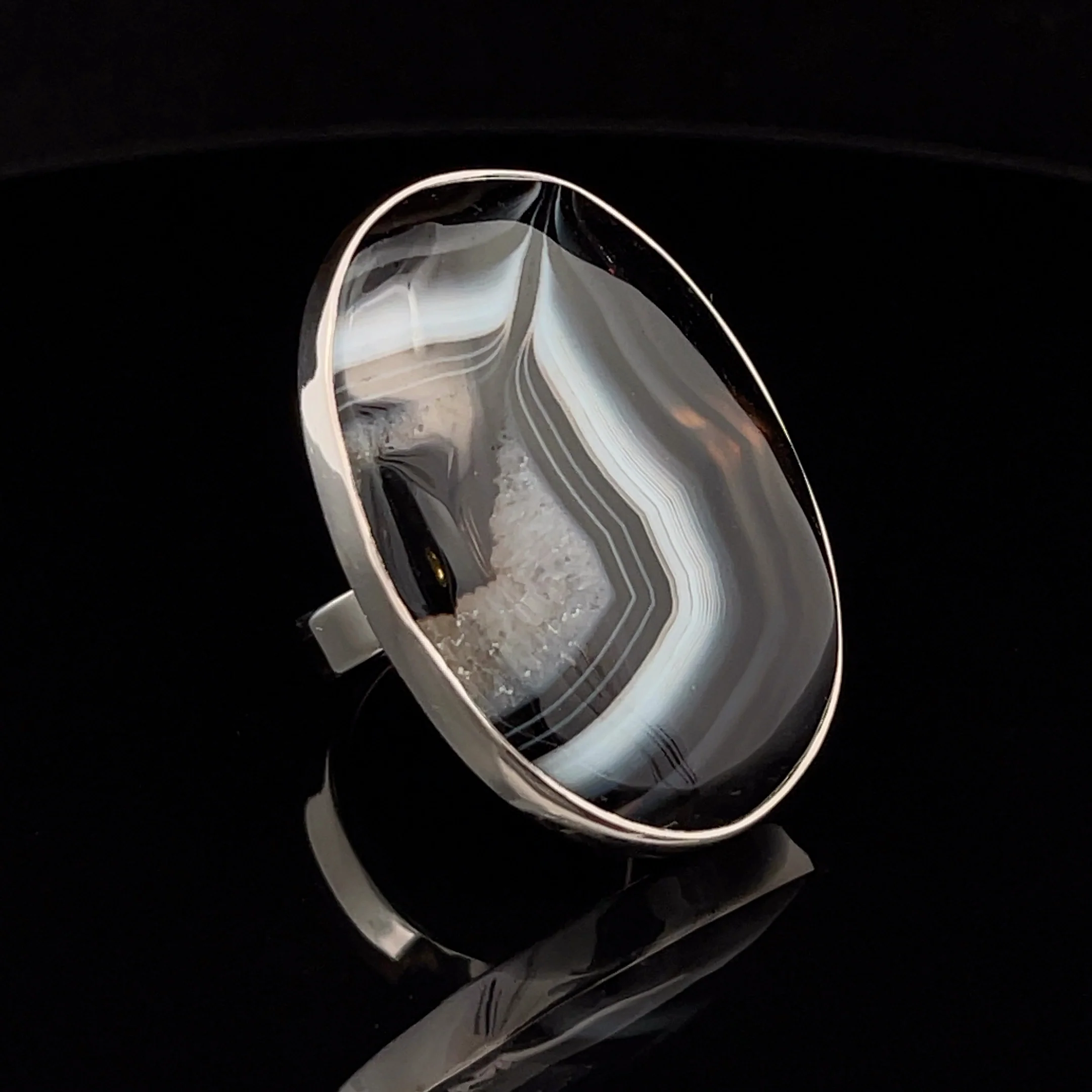 Sterling Silver Large Black Tibet Agate Ring Adjustable - Image 2