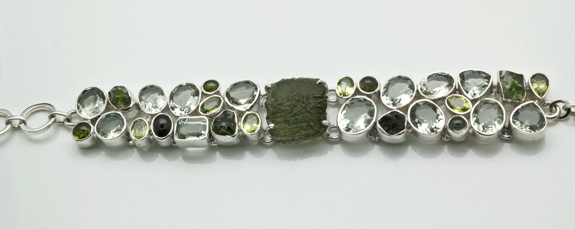 Sterling Silver Moldavite Bracelet with Chrome Diopside, Green Amethyst and Peridot - Image 3