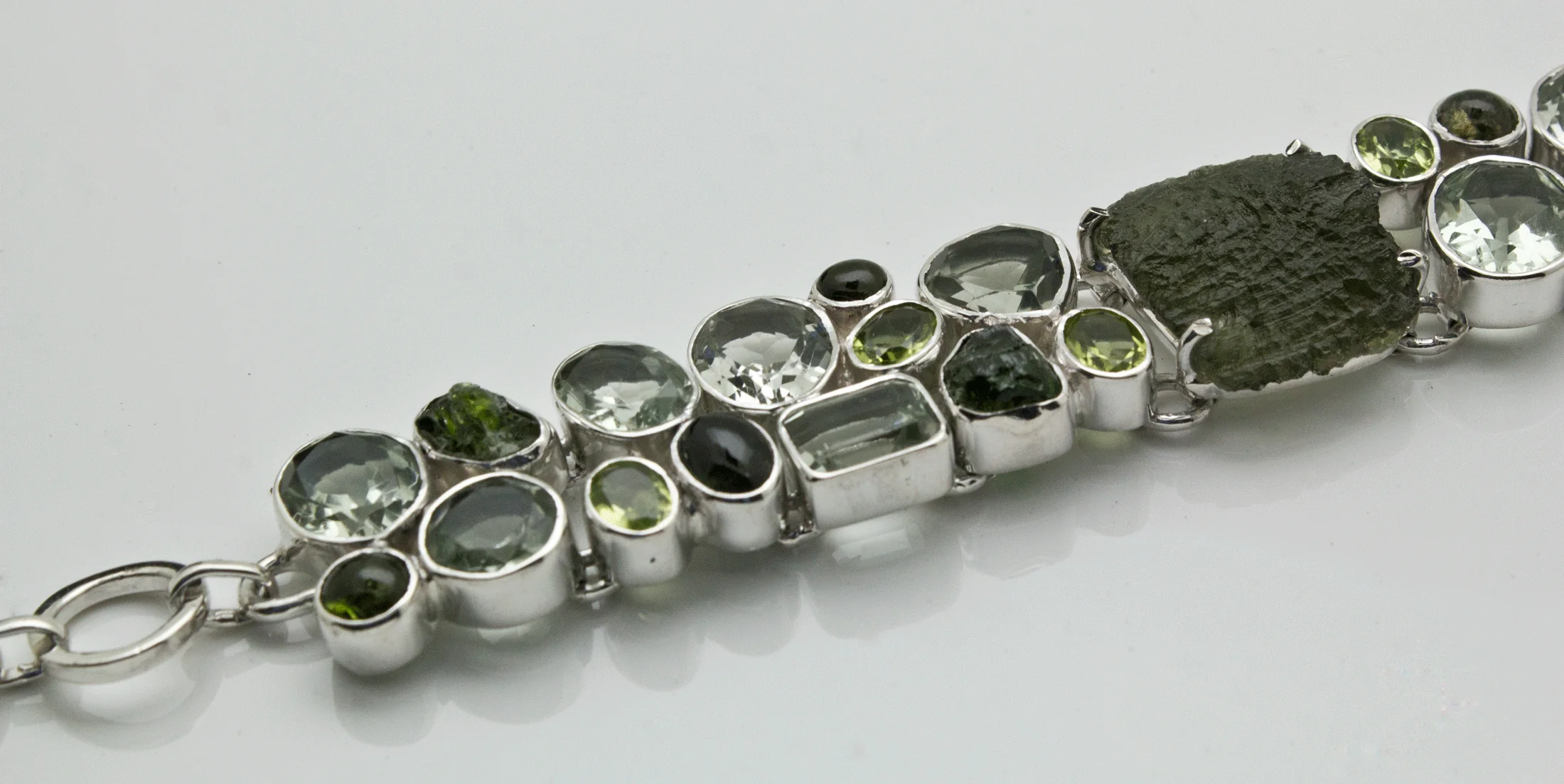 Sterling Silver Moldavite Bracelet with Chrome Diopside, Green Amethyst and Peridot - Image 4