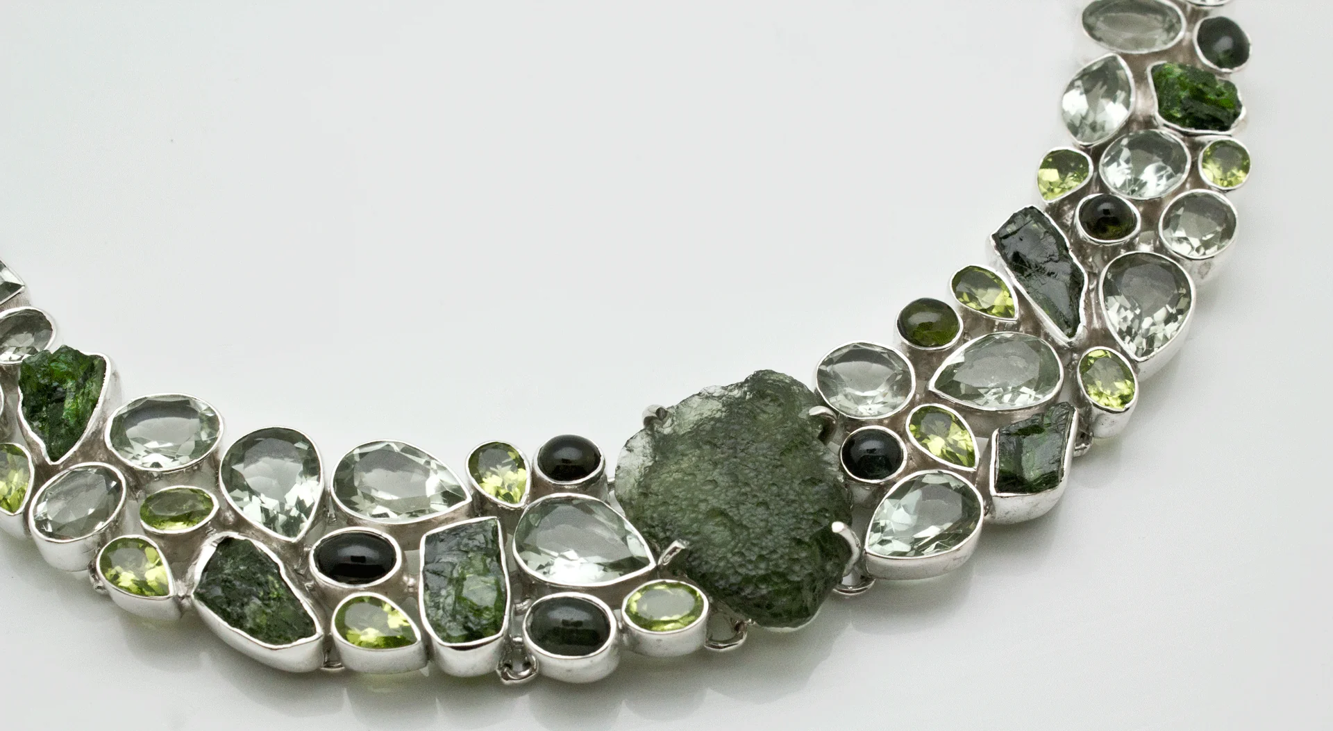 Sterling Silver Moldavite with Chrome Diopside, Green Amethyst and Peridot Necklace - Image 2