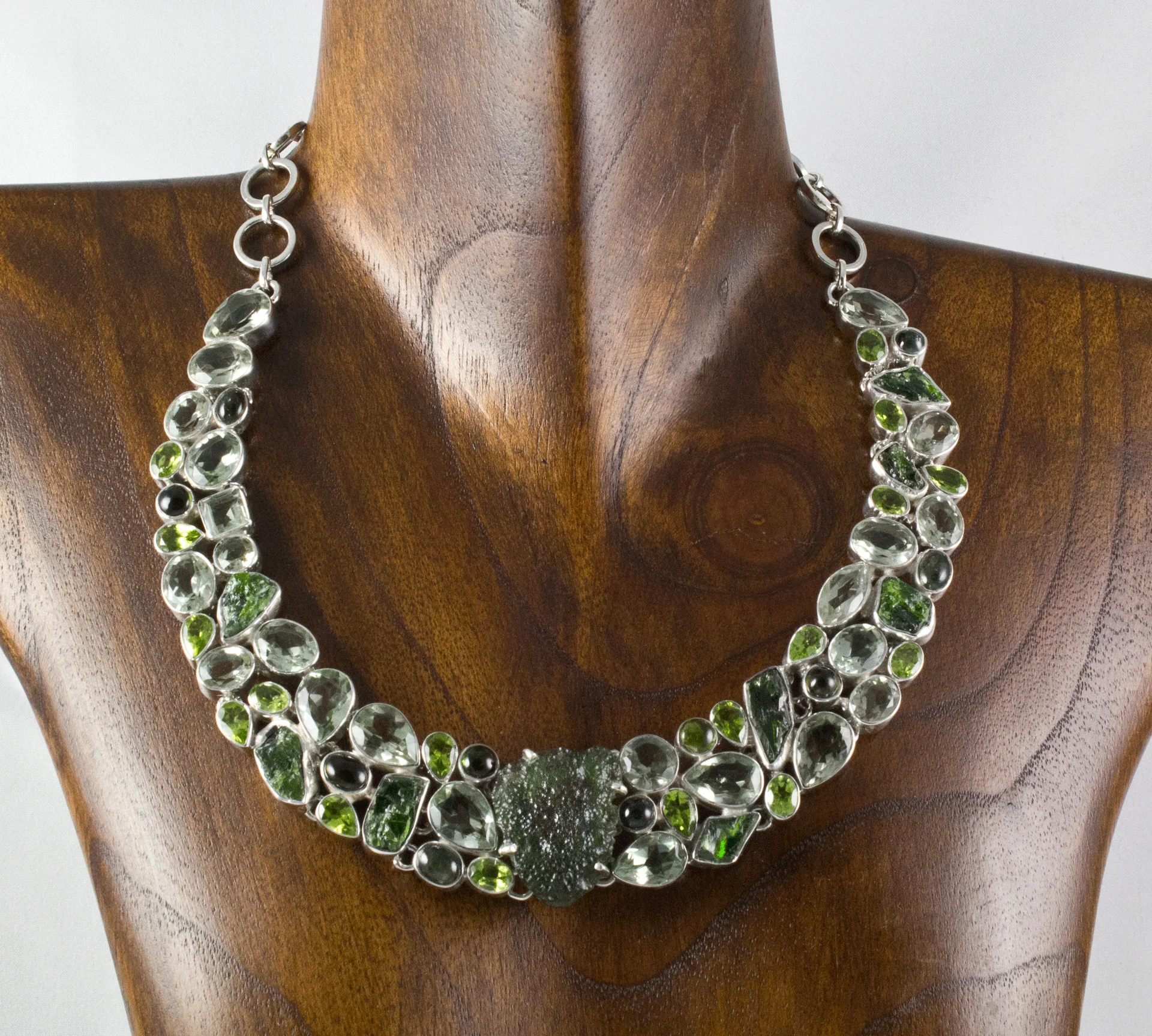 Sterling Silver Moldavite with Chrome Diopside, Green Amethyst and Peridot Necklace - Image 5