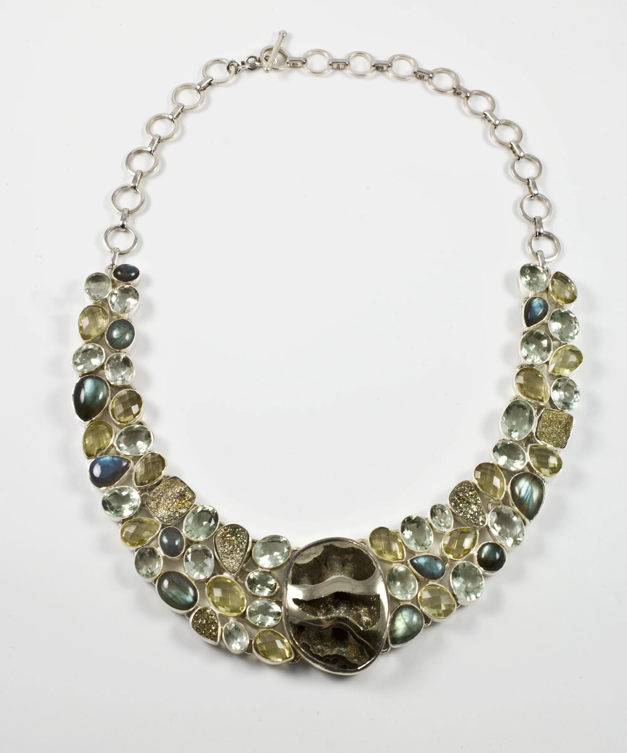 Sterling Silver Pyritized Ammonite, Green Amethyst, Citrine and Labradorite Necklace - Image 2