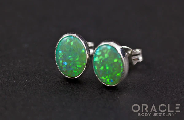 Sterling Silver Synthetic Green Opal Earrings - Image 2