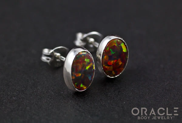 Sterling Silver Synthetic Red Opal Earrings - Image 2