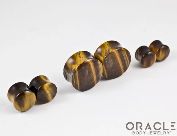 Yellow Tiger Eye Double Flare Plugs - Image 2